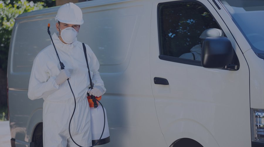 Pest control employee holding equipment and standing beside a van.